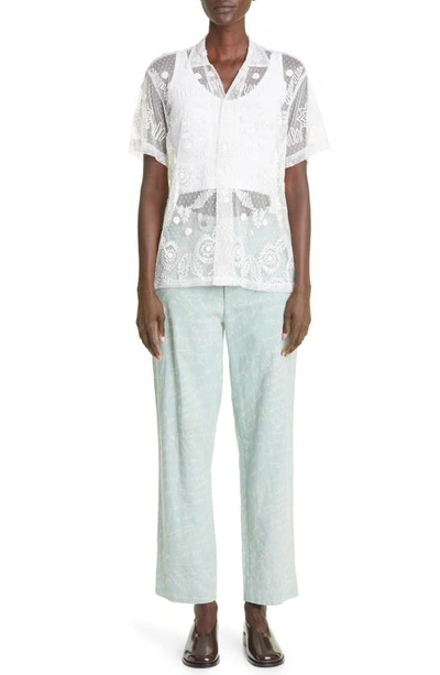 Shop Bode Contour Ribbon Sheer Short Sleeve Button-up Shirt In White Multi