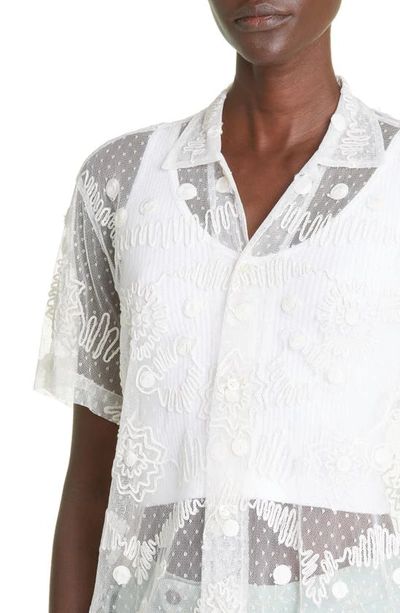 Shop Bode Contour Ribbon Sheer Short Sleeve Button-up Shirt In White Multi