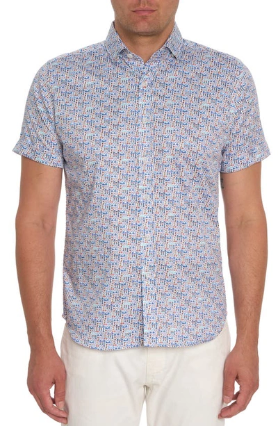 Shop Robert Graham Overlook Glasses Print Short Sleeve Cotton Button-up Shirt In White Multi
