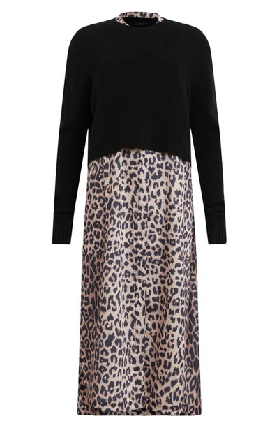 Allsaints Angelina Leopard Print Long Sleeve Sweater And Sleeveless Dress Set In Black Leopard