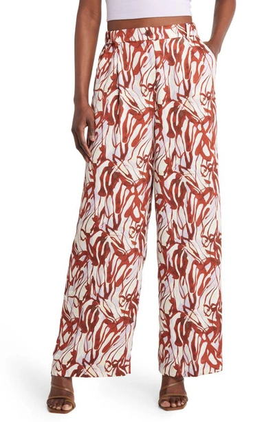 Shop Open Edit Abstract Print Satin Trousers In Purple Lava Abstract