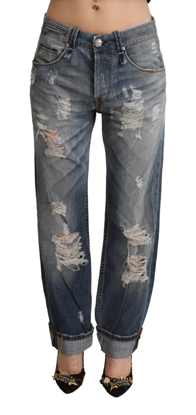 Shop Acht Blue Tattered Mid Waist Straight Denim Cotton Women's Jeans