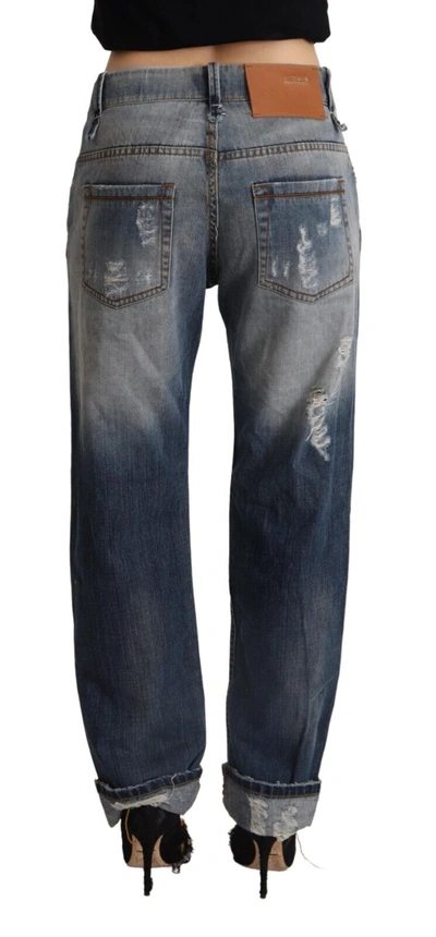 Shop Acht Blue Tattered Mid Waist Straight Denim Cotton Women's Jeans