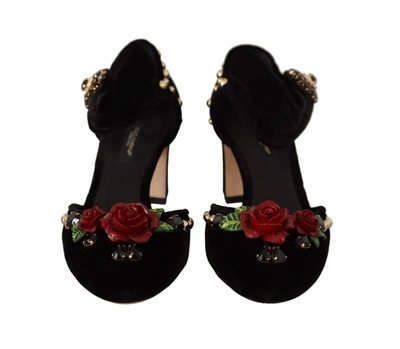 Shop Dolce & Gabbana Black Embellished Ankle Strap Heels Sandals Women's Shoes