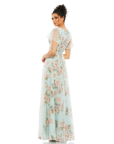 Shop Mac Duggal Floral Flutter Sleeve V-neck Maxi Dress In Blue Multi