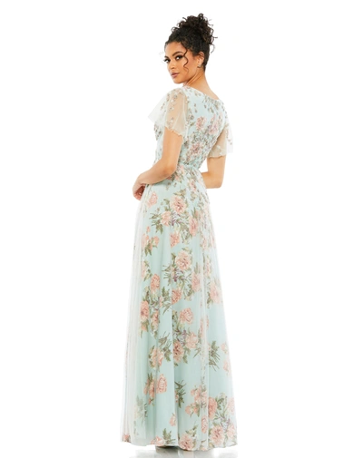 Mac Duggal Embellished Floral Gown With Mesh Flutter Sleeves And Beaded Waist In Blue Multi