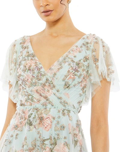 Mac Duggal Embellished Floral Gown With Mesh Flutter Sleeves And Beaded Waist In Blue Multi