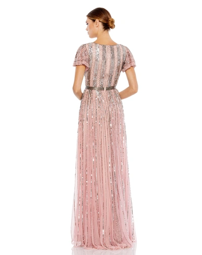 Mac Duggal Stripe Sequin V-neck Gown In Rose