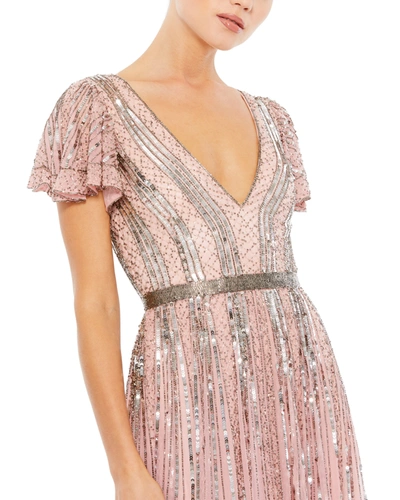 Mac Duggal Stripe Sequin V-neck Gown In Rose