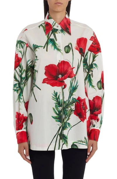 Shop Dolce & Gabbana Poppy Print Cotton Poplin Button-up Shirt In Natural White