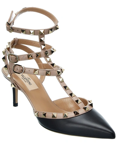 Shop Valentino Rockstud Caged 65 Leather Ankle Strap Pump In Black