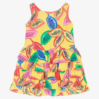 Shop Pan Con Chocolate Girls Yellow Leaf Print Cotton Dress