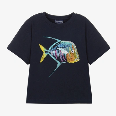 Shop Vilebrequin Boys Navy Blue Embroidered Fish T-shirt