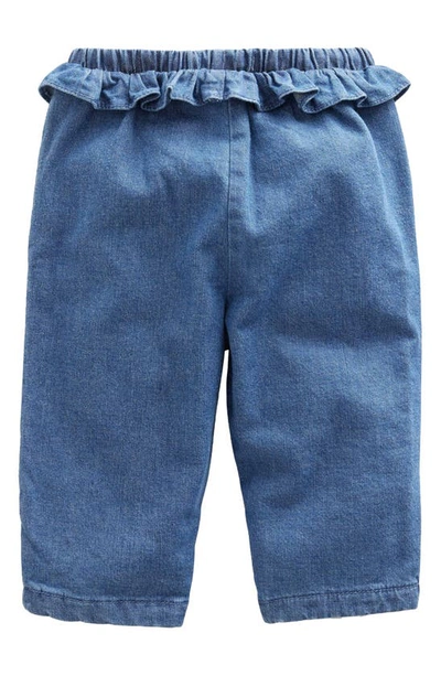 Shop Mini Boden Ruffle Stretch Stretch Cotton Denim Pants In Mid Chambray