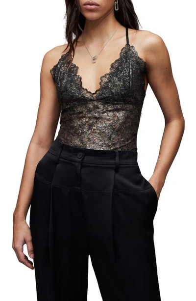 Shop Allsaints Erity Coated Lace Bodysuit In Metallic Black