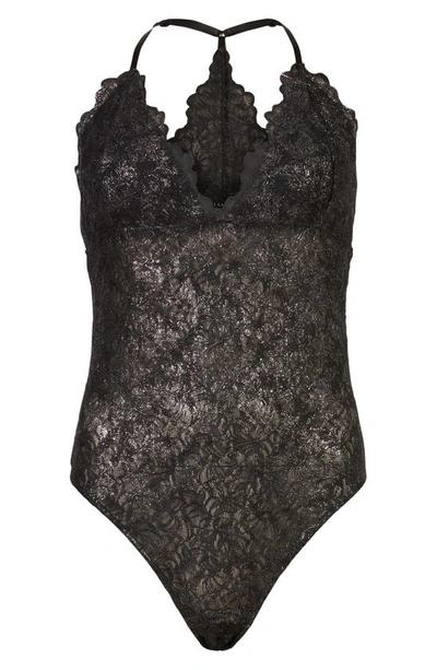 Shop Allsaints Erity Coated Lace Bodysuit In Metallic Black