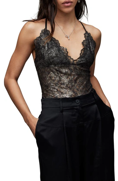 Shop Allsaints Erity Coated Lace Bodysuit In Metallic Black