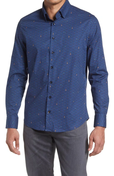 Stone Rose Ufo Print Trim Fit Stretch Cotton Button-up Shirt In Navy