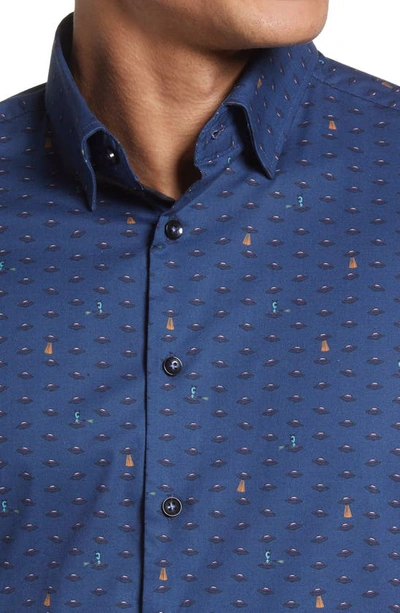 Stone Rose Ufo Print Trim Fit Stretch Cotton Button-up Shirt In Navy