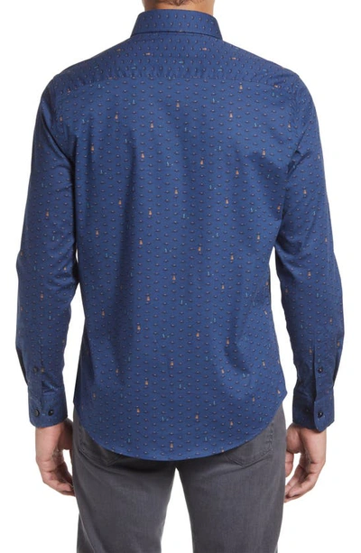 Stone Rose Ufo Print Trim Fit Stretch Cotton Button-up Shirt In Navy