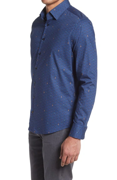 Stone Rose Ufo Print Trim Fit Stretch Cotton Button-up Shirt In Navy