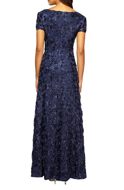 Alex Evenings Rosette A-line Gown In Navy