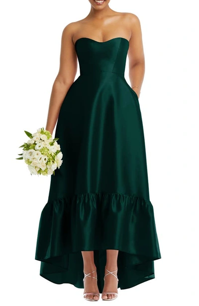 Shop Alfred Sung Strapless Ruffle High-low Satin Gown In Evergreen