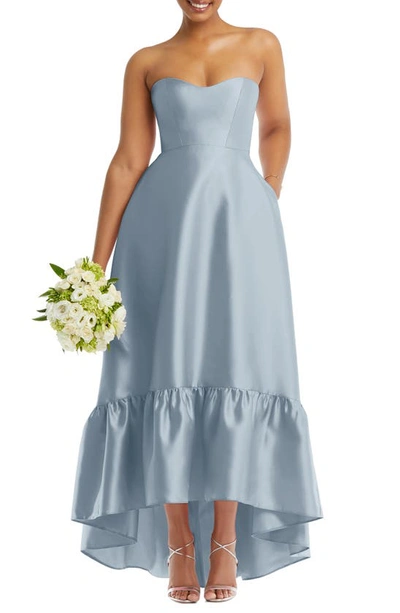 Shop Alfred Sung Strapless Ruffle High-low Satin Gown In Mist