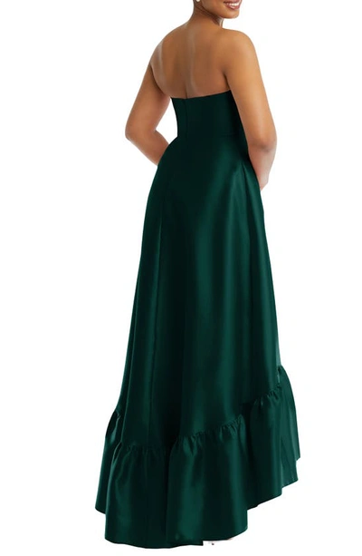 Alfred Sung Strapless Deep Ruffle Hem Satin High Low Dress With Pockets In Evergreen
