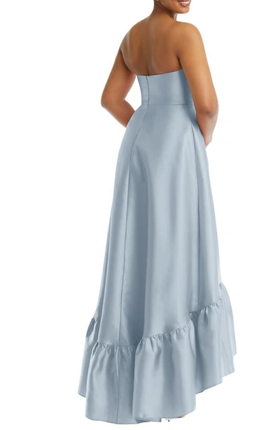 Alfred Sung Strapless Ruffle High-low Satin Gown In Mist