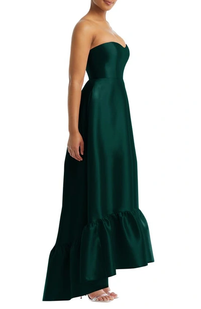 Alfred Sung Strapless Deep Ruffle Hem Satin High Low Dress With Pockets In Evergreen