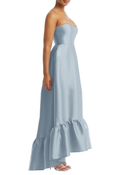 Alfred Sung Strapless Ruffle High-low Satin Gown In Mist