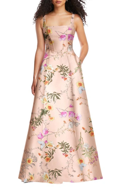 Shop Alfred Sung Floral Corset Satin Gown In Butterfly Botanica-pink Sand