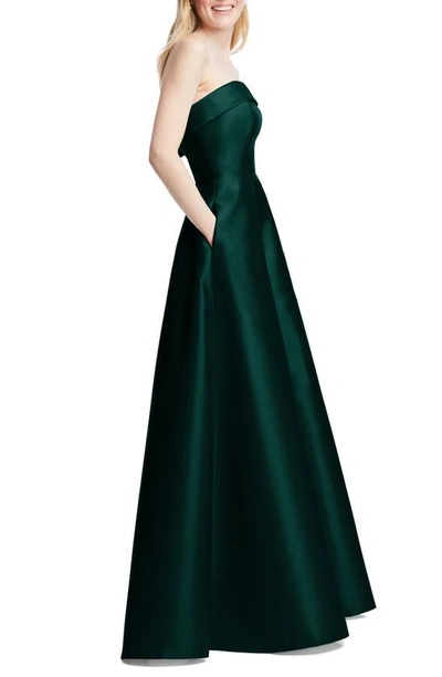 Alfred Sung Strapless Cuff Satin Gown In Evergreen