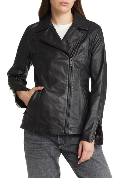 Shop Schott Long Leather Moto Jacket In Black