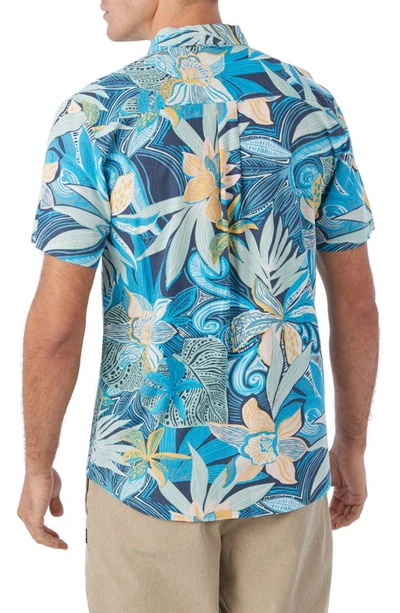 Shop O'neill Oasis Modern Fit Tropical Print Short Sleeve Button-up Shirt In Mdt Blue
