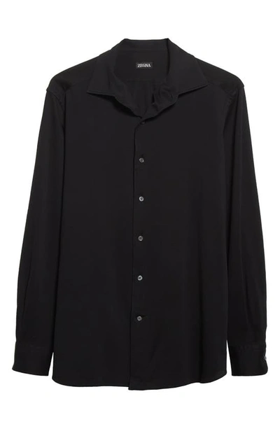 Shop Zegna Stretch Cotton Jersey Button-up Shirt In Black