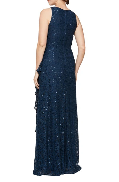 Alex Evenings Sequin Lace Cascading Ruffle Gown In Navy