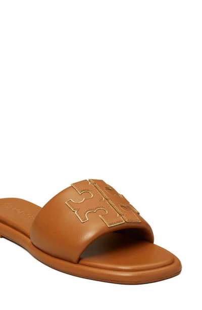Shop Tory Burch Double-t Leather Sport Slide Sandal In Miele/ Gold