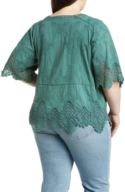 Wit & Wisdom Scallop Lace Trim Cotton Top In Cypress Green