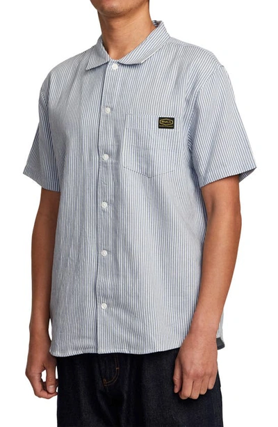 Shop Rvca Dayshift Stripe Cotton Short Sleeve Button-up Shirt In Deja Blue