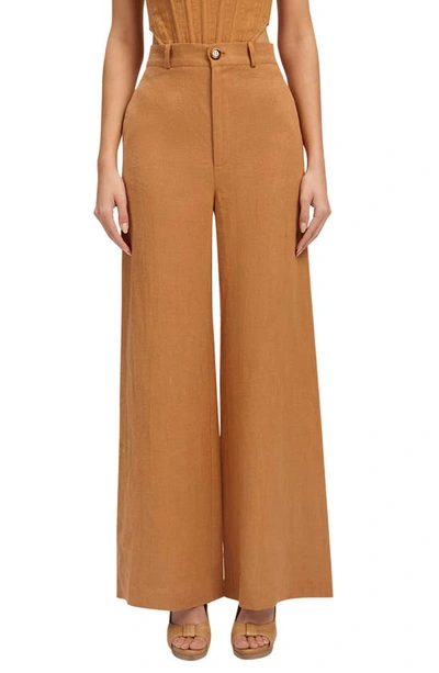 Shop Bardot Enya High Waist Wide Leg Linen Pants In Camel