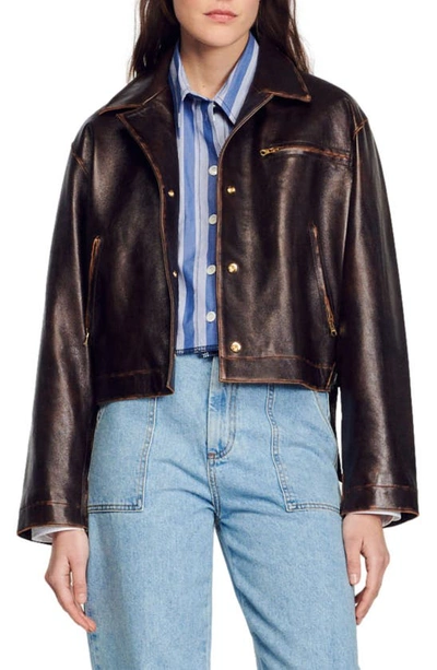Shop Sandro Jude Lambskin Leather Jacket In Black Brown
