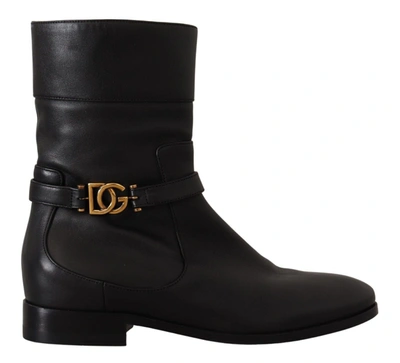 Shop Dolce & Gabbana Black Leather Flats Logo Short Boots Women's Shoes