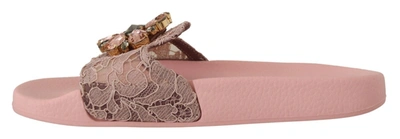 Shop Dolce & Gabbana Pink Lace Crystal Sandals Slides Beach Women's Shoes