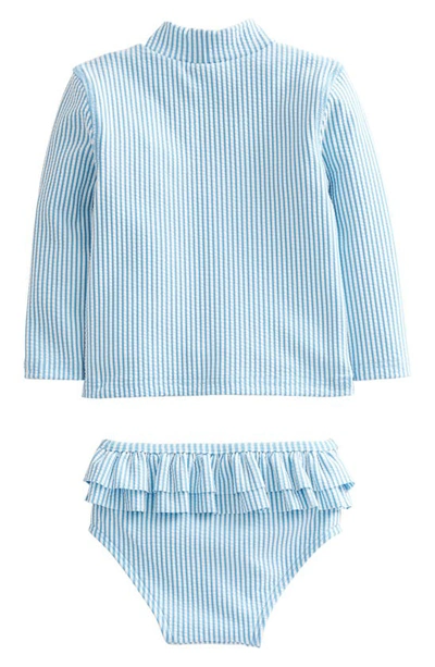 Shop Mini Boden Embroidered Long Sleeve Two-piece Swimsuit In Blue, Ivory Stripe