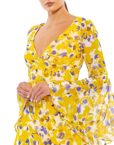 Shop Mac Duggal Floral Bell Sleeve Mini Dress - Final Sale In Yellow Multi