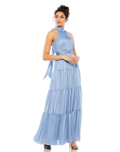 Shop Mac Duggal Tie Neck Tiered Halter Gown In Slate Blue