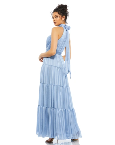 Shop Mac Duggal Tie Neck Tiered Halter Gown In Slate Blue