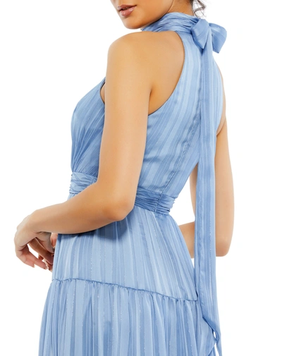 Shop Mac Duggal Tie Neck Tiered Halter Gown In Slate Blue